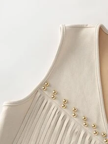 Yalmera Women Summer Suede Fringe Studded Boho Casual Jacket,Beige Autumn Country Western Concert Vest,French Style Vacation  Wear Fashion Commute Outwear - Apricot - View 9