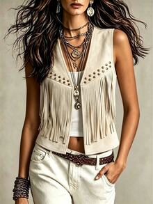 Yalmera Women Summer Suede Fringe Studded Boho Casual Jacket,Beige Autumn Country Western Concert Vest,French Style Vacation  Wear Fashion Commute Outwear - Apricot - View 11