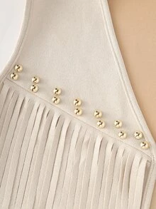 Yalmera Women Summer Suede Fringe Studded Boho Casual Jacket,Beige Autumn Country Western Concert Vest,French Style Vacation  Wear Fashion Commute Outwear - Apricot - View 8