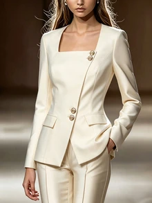 Yalmera Women's Beige Square Neck Slim Fit Blazer, Asymmetric Gold Button Design, Commuter Office Style Elegant Suit, Spring/Autumn Versatile - Apricot - View 9