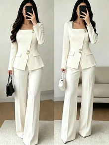 Yalmera Women's Beige Square Neck Slim Fit Blazer, Asymmetric Gold Button Design, Commuter Office Style Elegant Suit, Spring/Autumn Versatile - Apricot - View 3