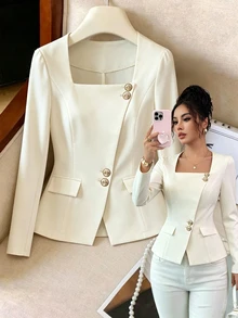 Yalmera Women's Beige Square Neck Slim Fit Blazer, Asymmetric Gold Button Design, Commuter Office Style Elegant Suit, Spring/Autumn Versatile - Apricot - View 4