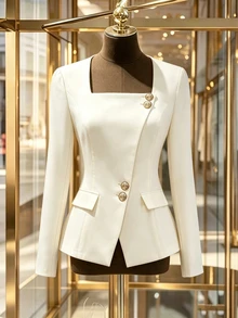 Yalmera Women's Beige Square Neck Slim Fit Blazer, Asymmetric Gold Button Design, Commuter Office Style Elegant Suit, Spring/Autumn Versatile - Apricot - View 8