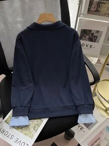 GlowEve 海軍藍 2 合 1 華夫格針織條紋拼接領口 V 領韓版慵懶寬鬆長袖套頭衛衣 - 彩色 - 查看 2