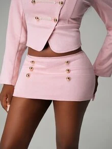 Nooralise Fashionable Sexy Sporty Suede Decorated Button-Up Mini Skirt Night Party Night Party Light Pink Autumn - Pink - View 7