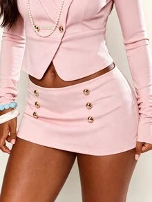 Nooralise Fashionable Sexy Sporty Suede Decorated Button-Up Mini Skirt Night Party Night Party Light Pink Autumn - Pink - View 3