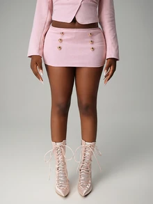 Nooralise Fashionable Sexy Sporty Suede Decorated Button-Up Mini Skirt Night Party Night Party Light Pink Autumn - Pink - View 5