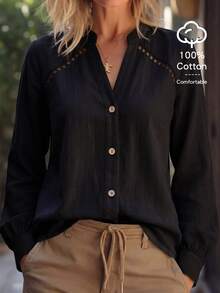 Balvessa Notched Neck Button Front Shirt Brunch Black Autumn Casual Basic - Black - View 4
