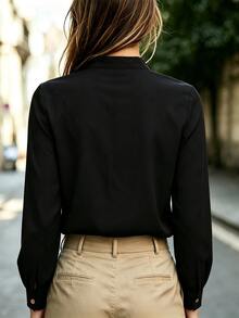 Balvessa Notched Neck Button Front Shirt Brunch Black Autumn Casual Basic - Black - View 2