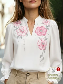 Balvessa Women's V-Neck Floral Print Elegant Petal Sleeve Long Sleeve Blouse - White - View 4