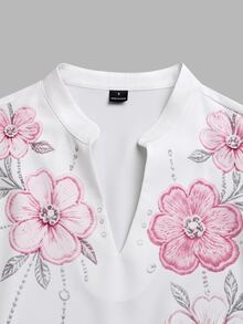 Balvessa Women's V-Neck Floral Print Elegant Petal Sleeve Long Sleeve Blouse - White - View 5