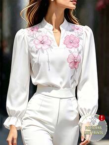 Balvessa Women's V-Neck Floral Print Elegant Petal Sleeve Long Sleeve Blouse - White - View 3
