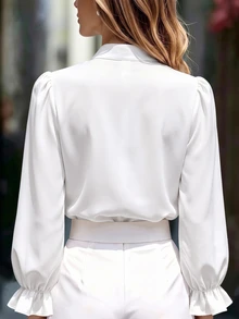 Balvessa Women's V-Neck Floral Print Elegant Petal Sleeve Long Sleeve Blouse - White - View 2