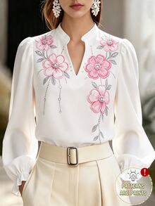 Balvessa Women's V-Neck Floral Print Elegant Petal Sleeve Long Sleeve Blouse - White - View 1