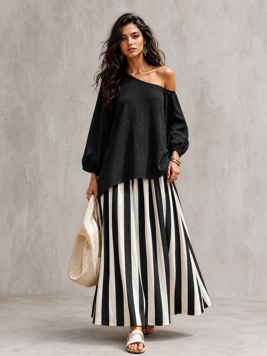 LUMIGAL Women's Vacation Casual Solid Color Asymmetric Collar Top & Striped Skirt 2pcs Set - Black - View 1