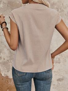 SHEIN LUNE Summer Casual/Work Striped Notched Neck Shirt - Coffee Brown - View 2