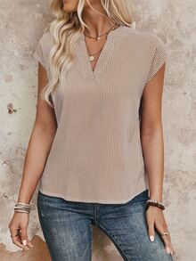 SHEIN LUNE Summer Casual/Work Striped Notched Neck Shirt - Coffee Brown - View 7