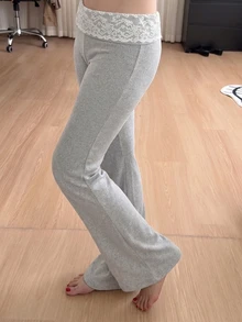 青少年女孩秋季服飾 蕾絲飾邊折疊腰灰色喇叭褲 休閒日常風長褲 秋冬款 黑色 舒適 運動 - 淺灰色 - 查看 5