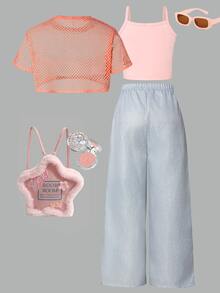 SHEIN ChillGRL 3件套夏季新款镂空短袖衬衫配吊带背心和印花长裤，度假，夏季，旅行 - 粉色 - 查看 2