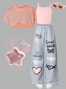 SHEIN ChillGRL 3件套夏季新款镂空短袖衬衫配吊带背心和印花长裤，度假，夏季，旅行 - 粉色 - 查看 1