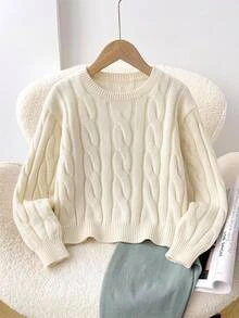 SHEIN 青少年女孩保暖內裡加厚簡約百搭純色毛衣 - 白色 - 查看 2