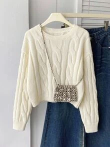 SHEIN 青少年女孩保暖內裡加厚簡約百搭純色毛衣 - 白色 - 查看 1