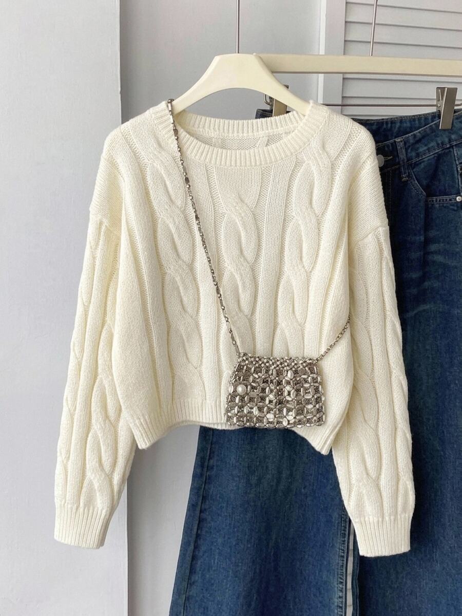 SHEIN 青少年女孩保暖內裡加厚簡約百搭純色毛衣 - 白色 - 查看 1