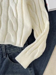 SHEIN 青少年女孩保暖內裡加厚簡約百搭純色毛衣 - 白色 - 查看 6