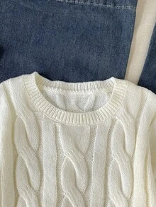 SHEIN 青少年女孩保暖內裡加厚簡約百搭純色毛衣 - 白色 - 查看 5