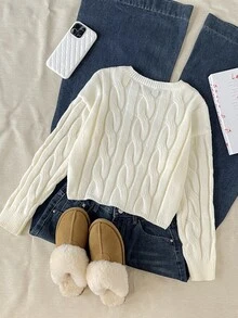 SHEIN 青少年女孩保暖內裡加厚簡約百搭純色毛衣 - 白色 - 查看 4