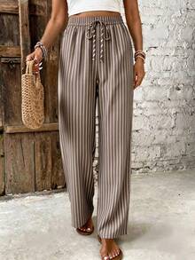 SHEIN Frenchy Women's Drawstring Waist Striped Casual Daily Long Pants - Multicolor - View 4