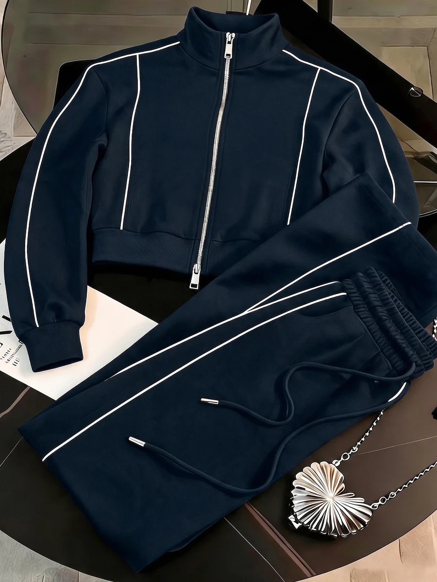 SHEIN 女士休闲拉链领度假连帽衫套装 - 藏蓝色 - 查看 1