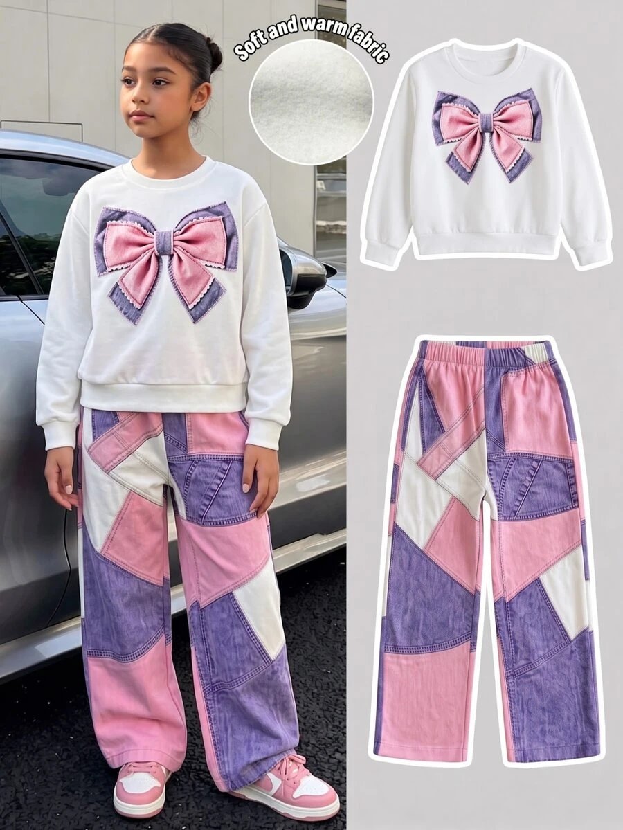 SHEIN 青少年女孩 T-Shirt 套裝,女孩甜美紫色與粉色蝴蝶結印花運動衫搭配同色菱格紋長褲,秋冬休閒款,長袖領口設計 - 彩色 - 查看 1