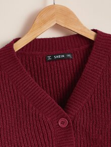 SHEIN Essnce Plus Size Casual Solid Color Lantern Sleeve Cardigan, Autumn/Winter - Red Violet - View 4