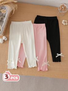 SHEIN Vintaside Kids 3 件套女婴夏季蝴蝶结装饰打底裤，甜美时尚透气长裤，适合夏季穿着 - 彩色 - 查看 4