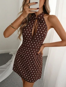 SHEIN PariChic 女款夏季掛脖綁帶立領收腰無袖短洋裝，優雅顯瘦穿搭，適合約會、聚會、成熟派對與日常街頭穿著 - 彩色 - 查看 7