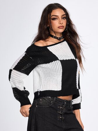 Goth Pull à manches longues décontracté polyvalent pour tous les jours avec motif à carreaux et blocs de couleurs pour femmes