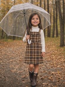 Emery Rose Kids Emery Rose Kids 女童可愛棕色格紋吊帶連身裙，附荷葉邊口袋與肩帶設計 - 彩色 - 查看 2