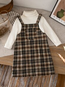 Emery Rose Kids Emery Rose Kids 女童可愛棕色格紋吊帶連身裙，附荷葉邊口袋與肩帶設計 - 彩色 - 查看 3