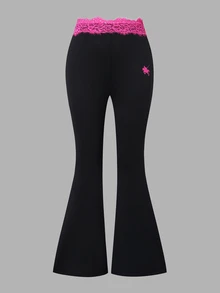 SHEIN 3件組 青少年女孩時尚黑色與亮粉色底色蕾絲裝飾馬匹圖案極簡Y2K街頭風修身喇叭褲，適合假期、學校、秋季 - 彩色 - 查看 3