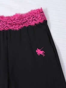 SHEIN 3件組 青少年女孩時尚黑色與亮粉色底色蕾絲裝飾馬匹圖案極簡Y2K街頭風修身喇叭褲，適合假期、學校、秋季 - 彩色 - 查看 5
