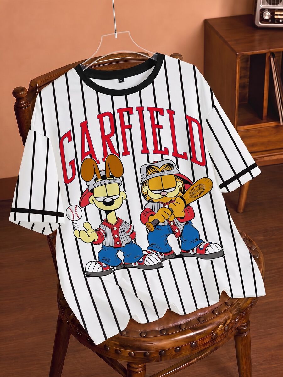 GARFIELD | SHEIN Men's Striped Cartoon Print Short Sleeve T-Shirt - White - View 1