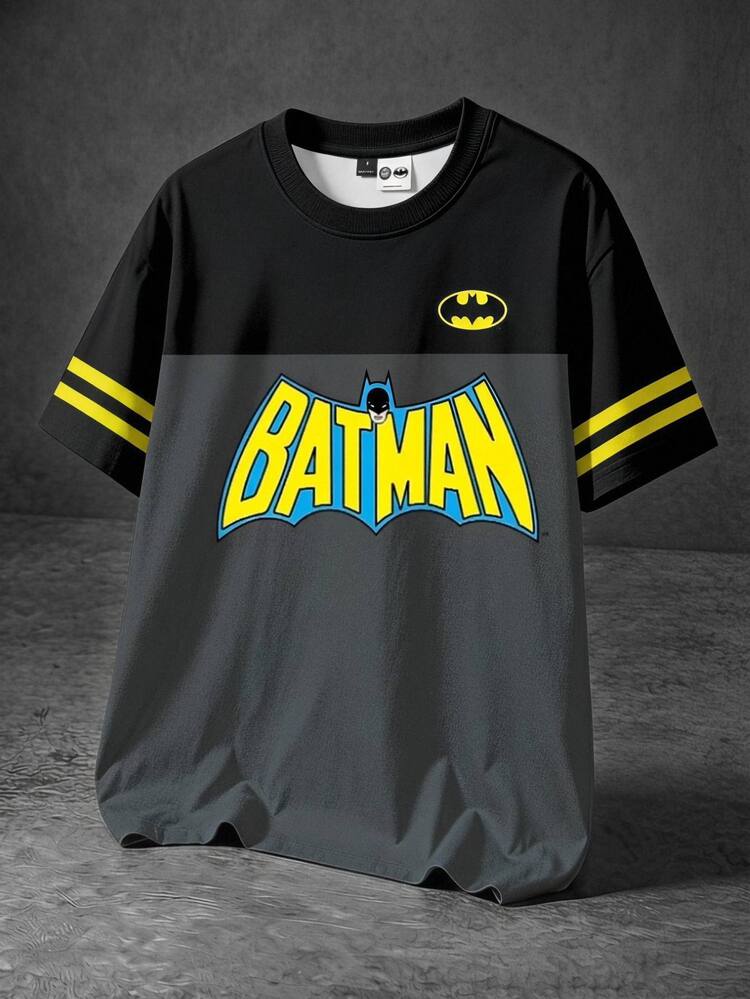 BATMAN X SHEIN Manfinity EMRG American Men's Vintage Streetwear Graphic Comic Print Left Chest Small Bat Logo Crew Neck Short Sleeve T-Shirt Vacation Holiday Grey Summer,Halloween - Multicolor - View 5