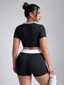 SHEIN Velisys Women's 2 Pieces Short Sleeve T-Shirt And Shorts Sports Alternative Kawaii Set Gym Black And White Summer - Black - View 2