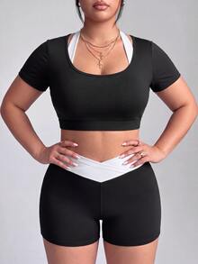 SHEIN Velisys Women's 2 Pieces Short Sleeve T-Shirt And Shorts Sports Alternative Kawaii Set Gym Black And White Summer - Black - View 3