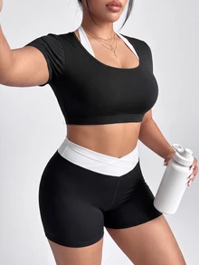 SHEIN Velisys Women's 2 Pieces Short Sleeve T-Shirt And Shorts Sports Alternative Kawaii Set Gym Black And White Summer - Black - View 4