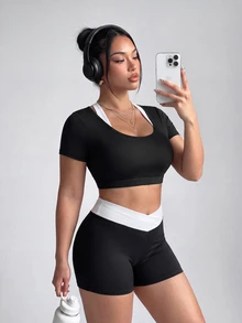 SHEIN Velisys Women's 2 Pieces Short Sleeve T-Shirt And Shorts Sports Alternative Kawaii Set Gym Black And White Summer - Black - View 6