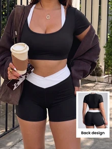 SHEIN Velisys Women's 2 Pieces Short Sleeve T-Shirt And Shorts Sports Alternative Kawaii Set Gym Black And White Summer - Black - View 1