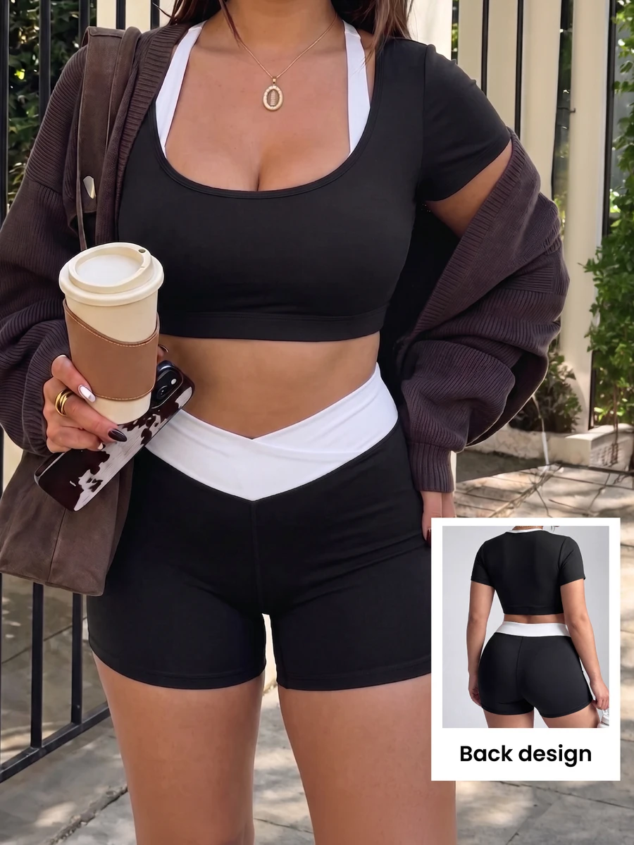 SHEIN Velisys Women's 2 Pieces Short Sleeve T-Shirt And Shorts Sports Alternative Kawaii Set Gym Black And White Summer - Black - View 1