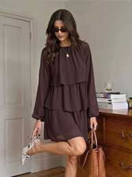 Serisse Rochie elegantă de damă, maro, plisată, cu volane multistrat și mânecă lungă, pentru toamnă, rochie maro, rochie cu volane, rochie de petrecere, rochie casual, haine de toamnă